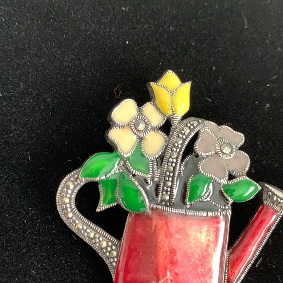 Enamel Marcasite Watering Can Of Flowers Brooch Pin S.M.925 Spring Floral Summer - Picture 5 of 9